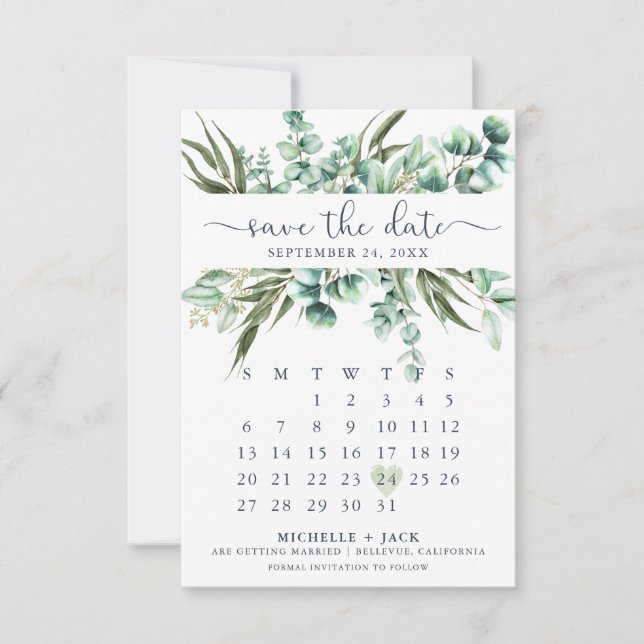 Rustic Greenery Eucalyptus Modern Calendar Spara Datumet (Framsida)