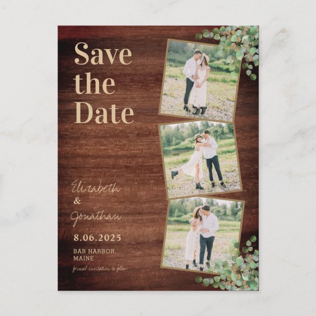 Rustic Greenery Eucalyptus Photo Save Date Vykort (Framsida)