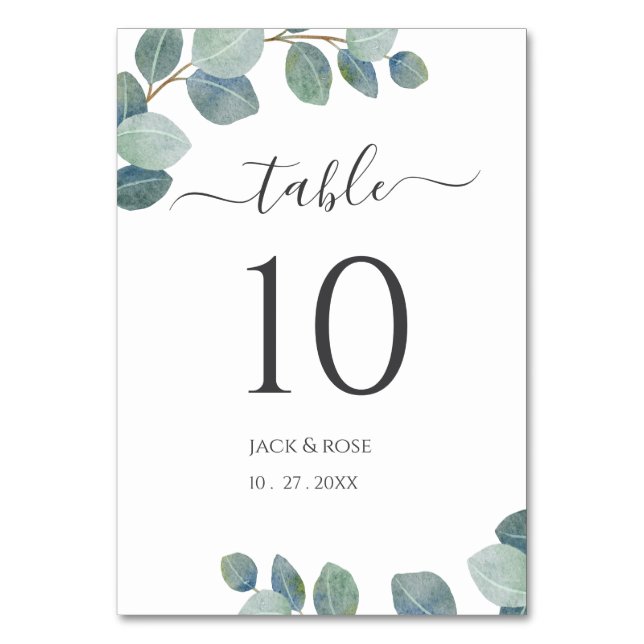 Rustic Greenery Eucalyptus Summer Bröllop. Bordsnummer (Framsidan)