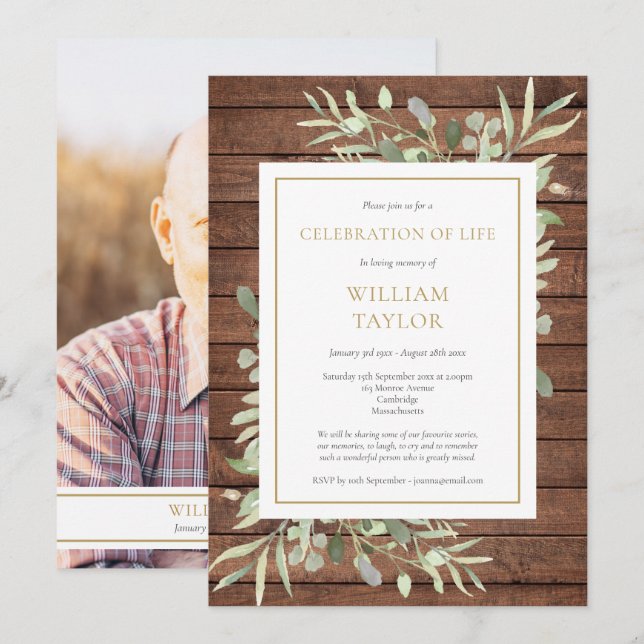 Rustic Greenery Firande of Life Photo Funeral Inbjudningar (Fram/baksida)