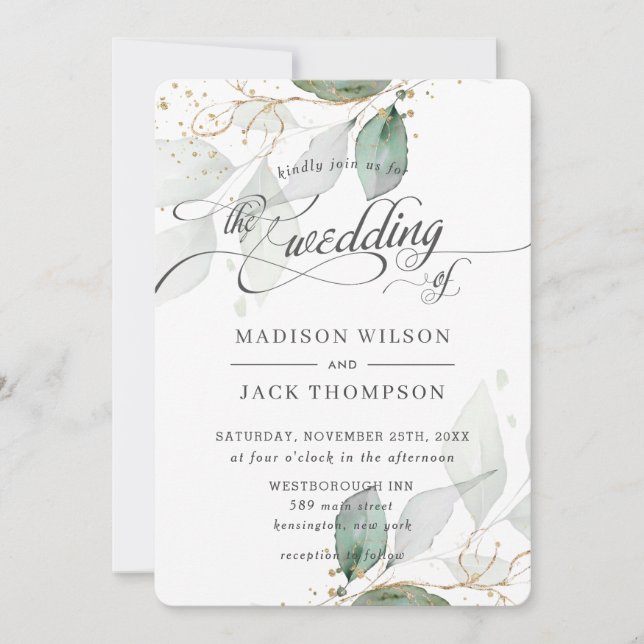 Rustic Greenery Foliage Guld Calligraphy Bröllop Inbjudningar (Framsida)