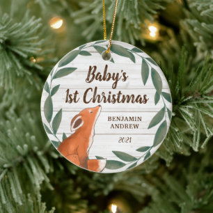 Rustic Greenery Fox Baby första julfoto Julgransprydnad Keramik