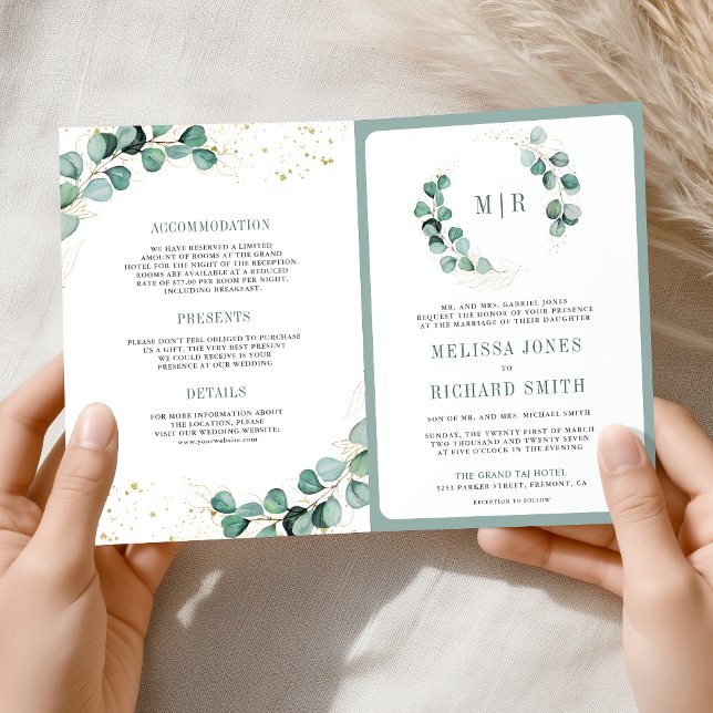 Rustic Greenery Gold Eucalyptus QR Code Wedding  Inbjudan (Skapare uppladdad)