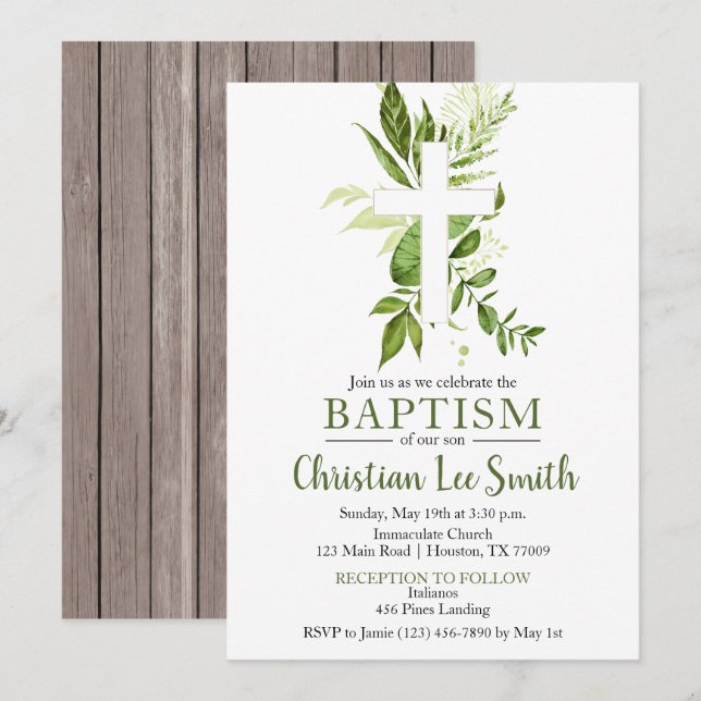 Rustic Greenery Grönt Kor Boy Baptism Inbjudningar (Fram/baksida)