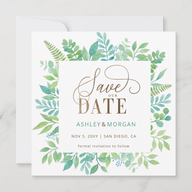 Rustic Greenery Guld Blommigt Photo Save Date Meddelande (Framsida)