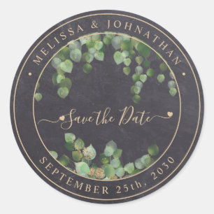 Rustic Greenery Guld Bröllop spara datum Runt Klistermärke