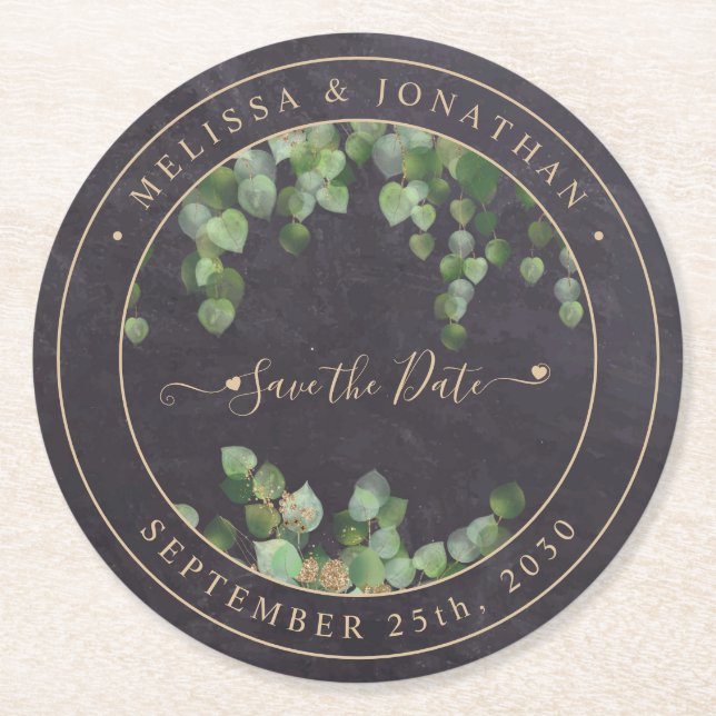 Rustic Greenery Guld Bröllop spara datum Underlägg Papper Rund (Framsidan)