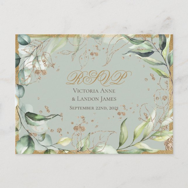 Rustic Greenery Guld Calligraphy OSA Bröllop Vykort (Framsida)