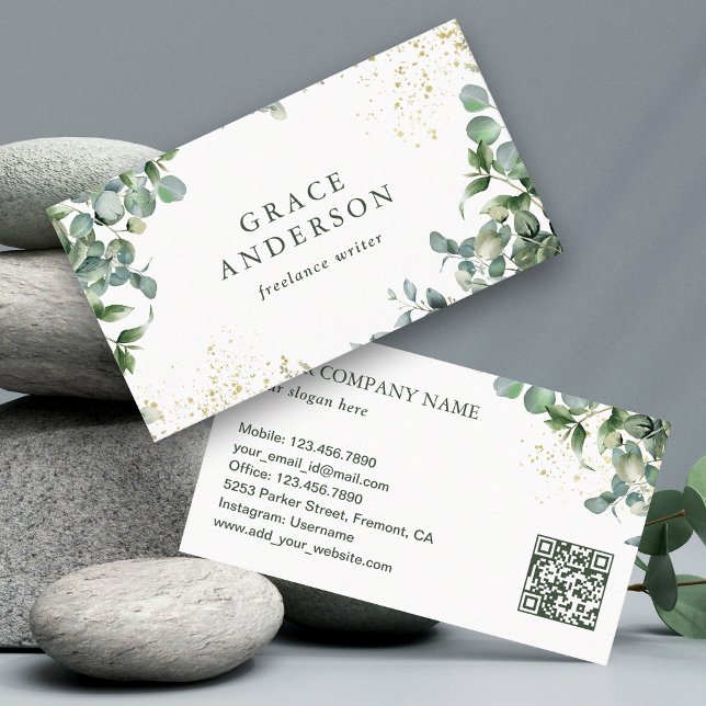 Rustic Greenery Guld Eucalyptus QR-kod Visitkort (Skapare uppladdad)