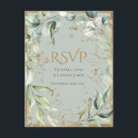 Rustic Greenery Guld Glitter Bröllop OSA Vykort<br><div class="desc">Gorgös och rustik med en elegans. Sälj gröntens bakgrund med sparse grey och guld ram. Lägg till guld löv i för ett klasstips. Splotsar av faux guld glitter avslutar av det här och ge en elegant. Så söt för vilken säsong som helst.</div>