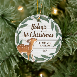 Rustic Greenery Hjort Baby Första julfoto Julgransprydnad Keramik