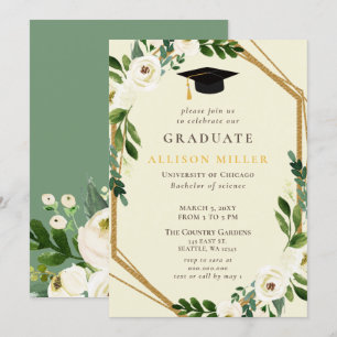 Rustic Greenery Ivory Guld Blommigt Studenten Inbjudningar