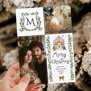 Rustic Greenery Monogram Bow God jul Photo Julkort