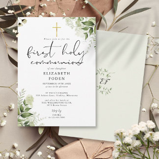Rustic Greenery Monogram First Heliga Communion Inbjudningar