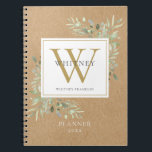 Rustic Greenery Monogram Namn Planner 2021 Anteckningsbok<br><div class="desc">Rustic kraftfärgsgreenery monogram namn 2021-planerare med en inledande guld-monogram. Designad av Thisisnotme©</div>