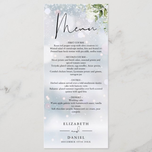 Rustic Greenery Monogram Winter Wedinner Meny (Framsida)