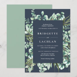 Rustic Greenery och Navy Eucalyptus Bröllop Inbjudningar