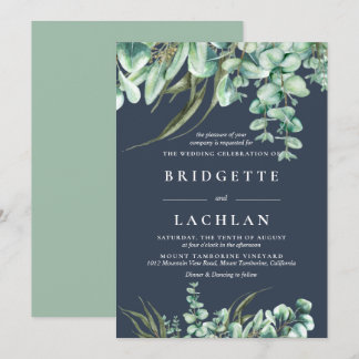 Rustic Greenery och Navy Eucalyptus Bröllop Inbjudningar
