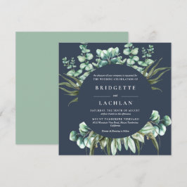Rustic Greenery och Navy Eucalyptus SQ Bröllop Inbjudningar