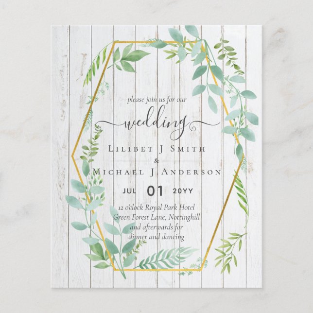 Rustic Greenery on Driftwood Budget Bröllop Flygblad (Framsidan)