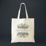Rustic Greenery Ram Maid of honor Tygkasse<br><div class="desc">Den här skorstenshugga tote-påsen har ord "Maid of honor" i modern grönt,  framskriden över och under vattenfärgsblad och bär i subtila nyanser av grönt,  grått och blått.</div>