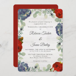 Rustic Greenery Red & Blue Blommigt Bröllop Inbjudningar