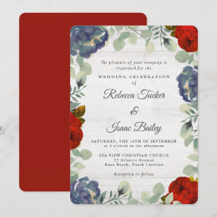 Rustic Greenery Red & Blue Blommigt Bröllop Inbjudningar