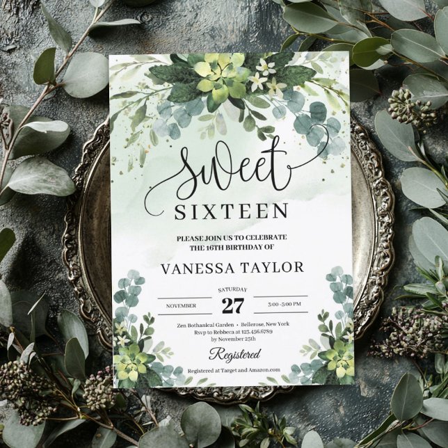 Rustic greenery succuly-sweet sixteen inbjudningar (Rustic greenery succulent flowers sweet sixteen invitation)