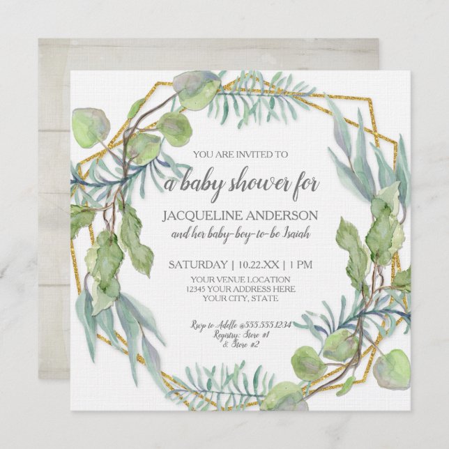 Rustic Greenery Watercolor Geometric Baby Shower Inbjudningar (Fram/baksida)