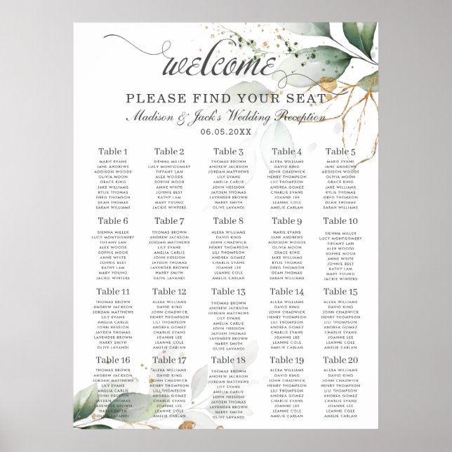 Rustic Greenery Wedn Guld Lövs Sittdiagram Poster (Framsidan)