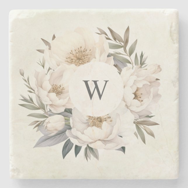 Rustic Greenery White Blommigt Monogram Bröllop Stenunderlägg (Framsidan)