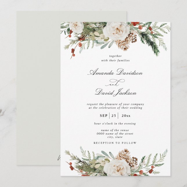 Rustic Greenery White Blommigt Red Berries Bröllop Inbjudningar (Fram/baksida)