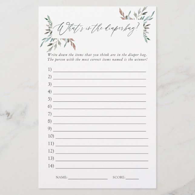 Rustic Greenery Winter Baby Shower Diaper Bag Game (Framsida)