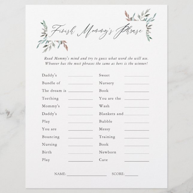 Rustic Greenery Winter Baby Shower-frasspel (Framsida)