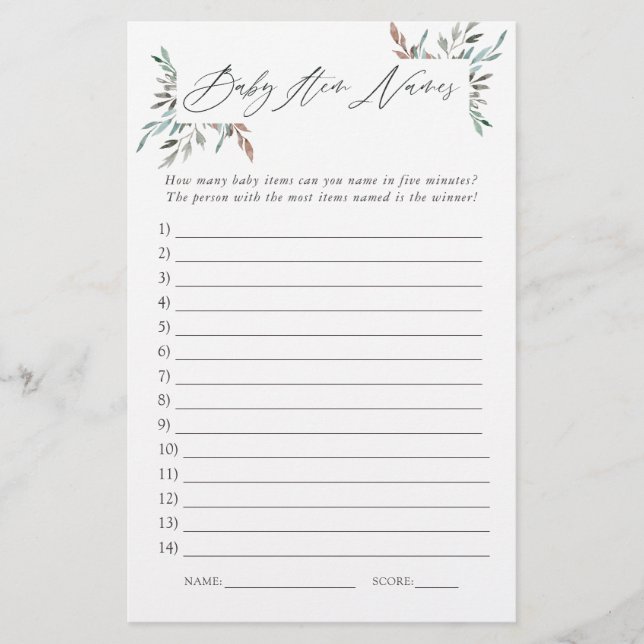 Rustic Greenery Winter Baby Shower Item Namn-spel (Framsida)