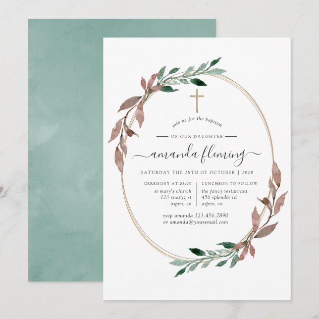 Rustic Greenery Winter Baptism eller Christening Inbjudningar (Fram/baksida)
