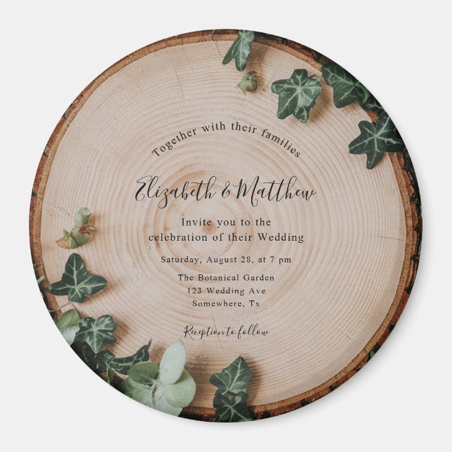 Rustic Greenery & Wood Slice Bröllop Firande Magnet (Framsidan)