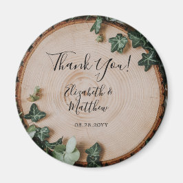 Rustic Greenery & Wood Slice Bröllop Tack Magnet