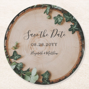 Rustic Greenery & Wood Slice Spara datumet Underlägg Papper Rund