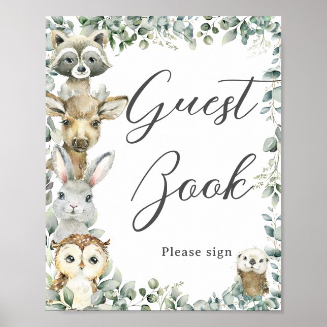 Rustic Greenery Woodland Animals Baby Guest Bok Poster (Framsidan)