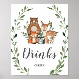 Rustic Greenery Woodland Animals Drinks Sign Poster