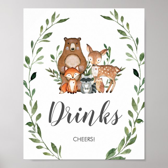 Rustic Greenery Woodland Animals Drinks Sign Poster (Framsidan)