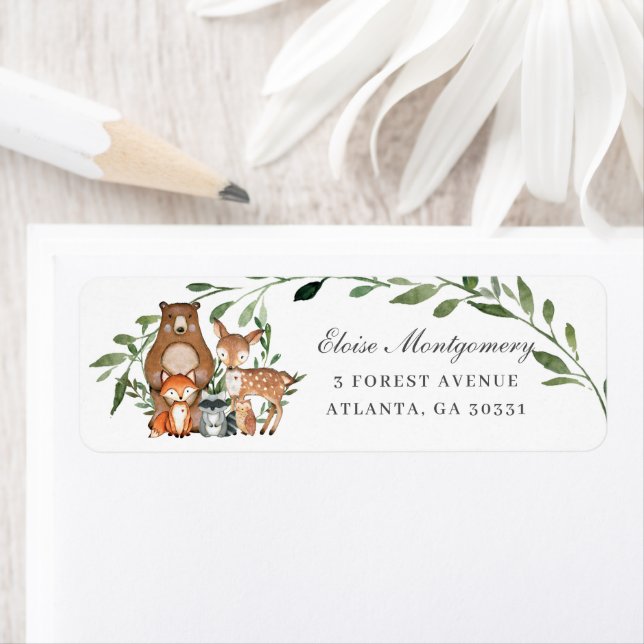Rustic Greenery Woodland Baby Shower Birthday Returadress Etikett (Insitu)
