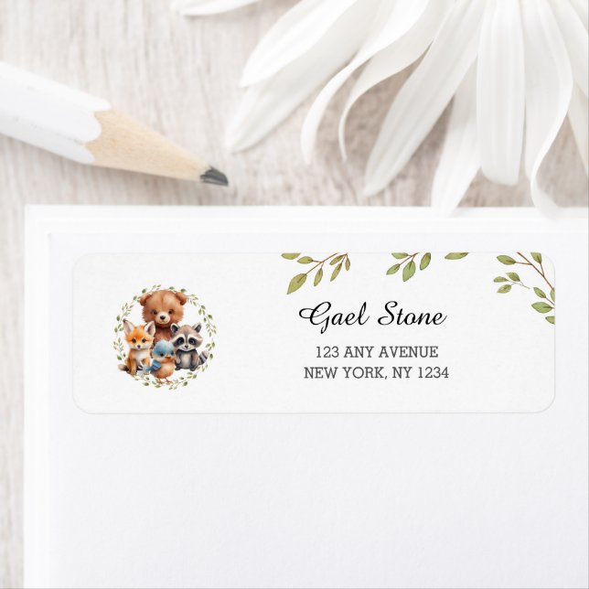Rustic Greenery Woodland Baby Shower Birthday Returadress Etikett (Insitu)