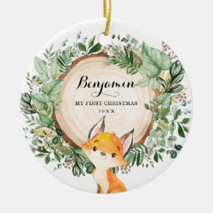 Rustic Greenery Woodland Fox Baby Första jul Julgransprydnad Keramik