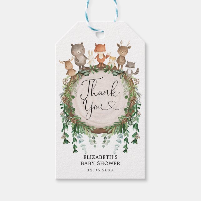 Rustic Grey Woodland Animals Baby Shower Favor Presentetikett (Framsidan)