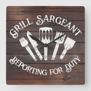 Rustic " 'Grill Sargeant' - Funny BBQ Gift Fyrkantig Klocka