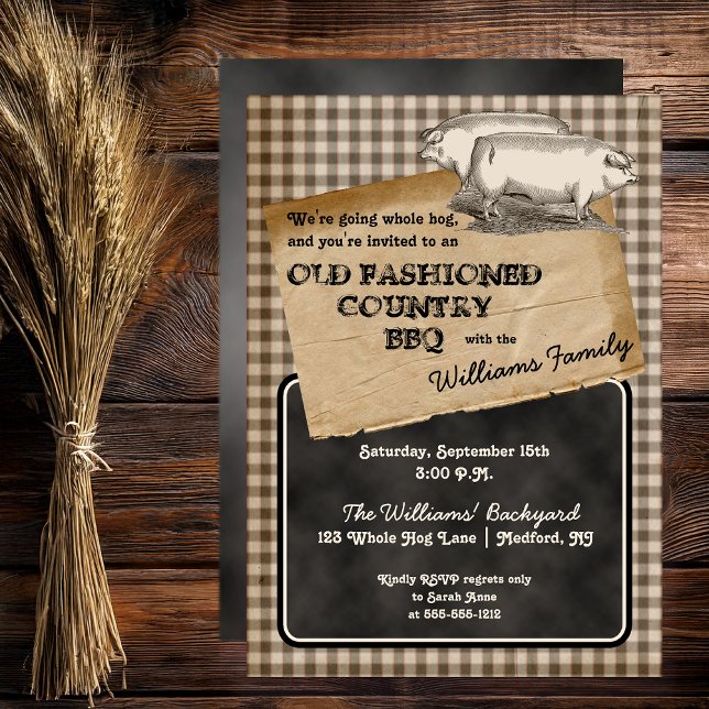 Rustic Grisar Gris Backyard Cookout BBQ Picnic Inbjudningar (Rustic Pigs | Swine Pork Pig Roast Backyard Cookout BBQ Picnic Invitation - Print | Download)