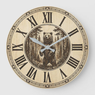Rustic Grizzly Bear Wall Clock | Wood Style  Stor Klocka