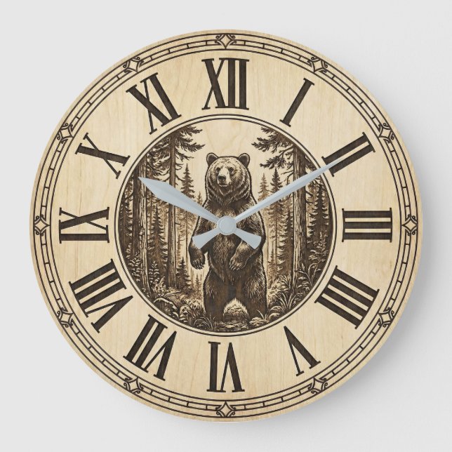 Rustic Grizzly Bear Wall Clock | Wood Style  Stor Klocka (Framsida)